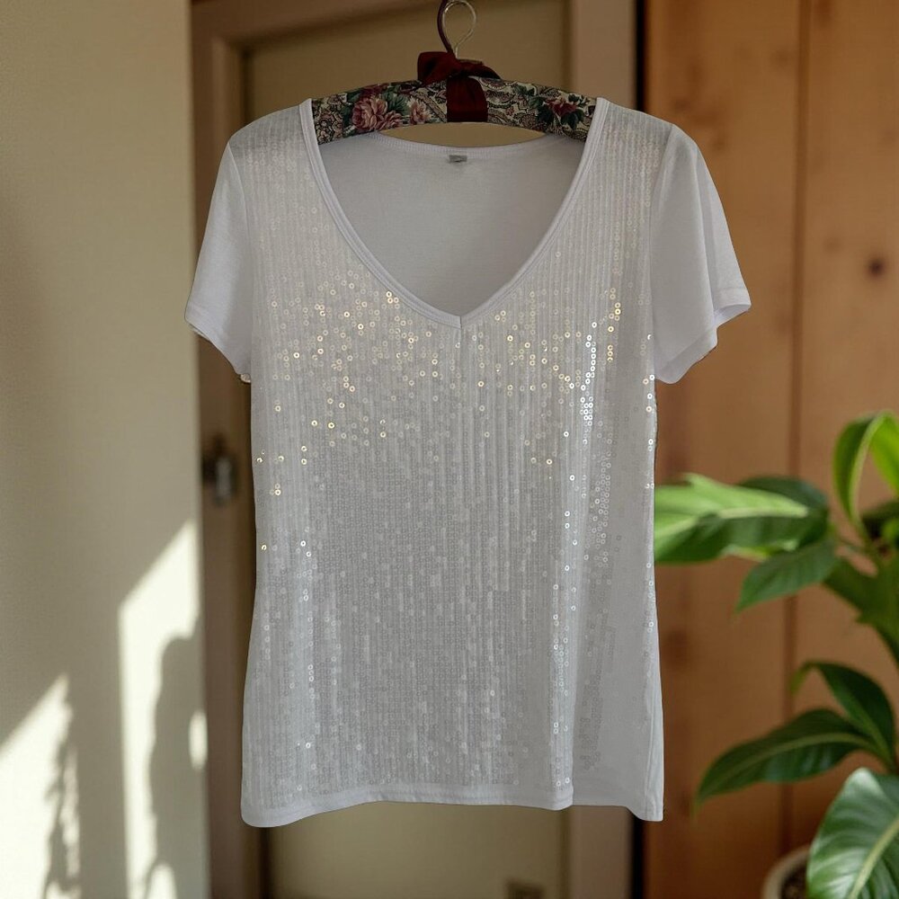 Marciano Sequin Front V-Neck Tee | Luxe Casual Glam